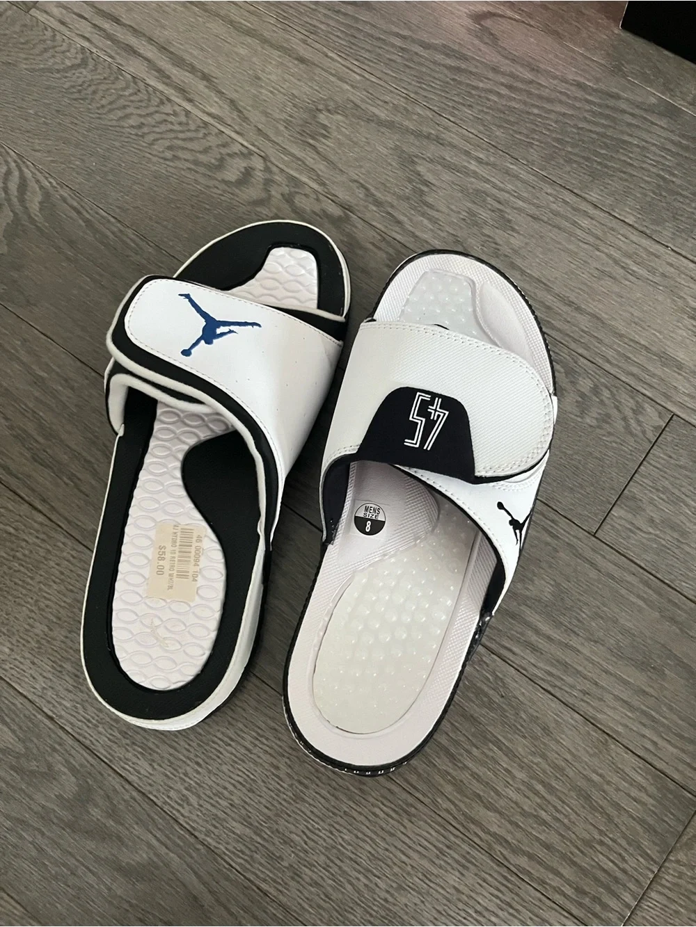 Jordan mens White and Black Slide Sandals with Blue Jumpman mix match mens 8